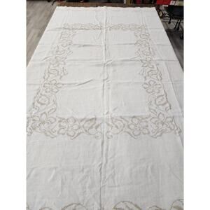 Vintage Tablecloth Ivory With Hand Embroidery Flowers 80”X67”